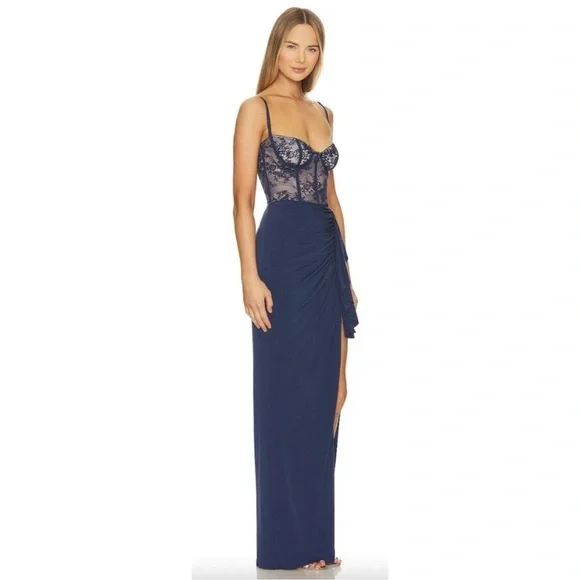 NWOT KATIE MAY Willow Floral Lace & Jersey corset Gown in Deep Sea sz S